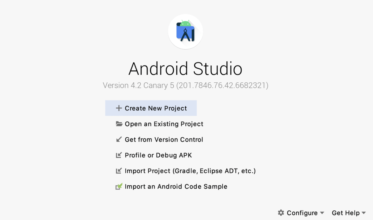 Android Studio beginning page