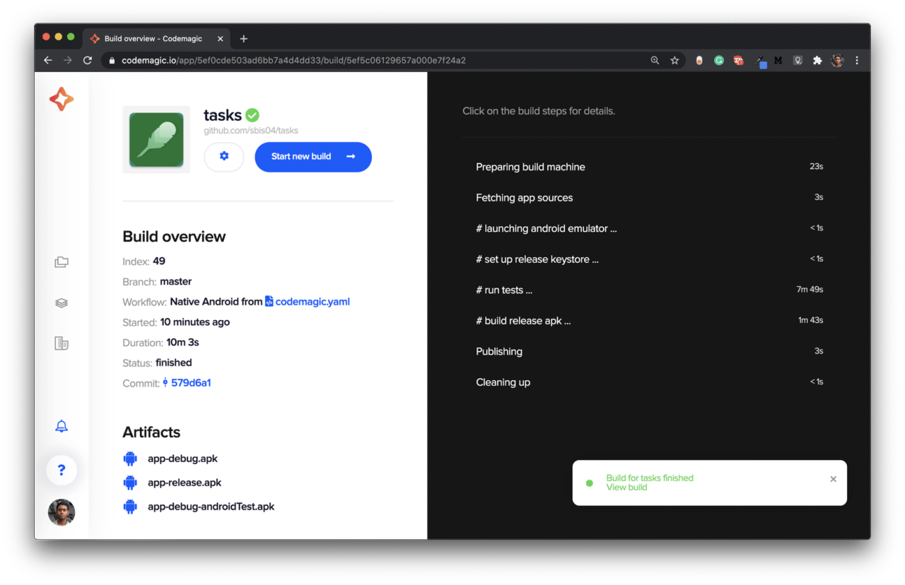 Android CI/CD build with Codemagic – Build Complete