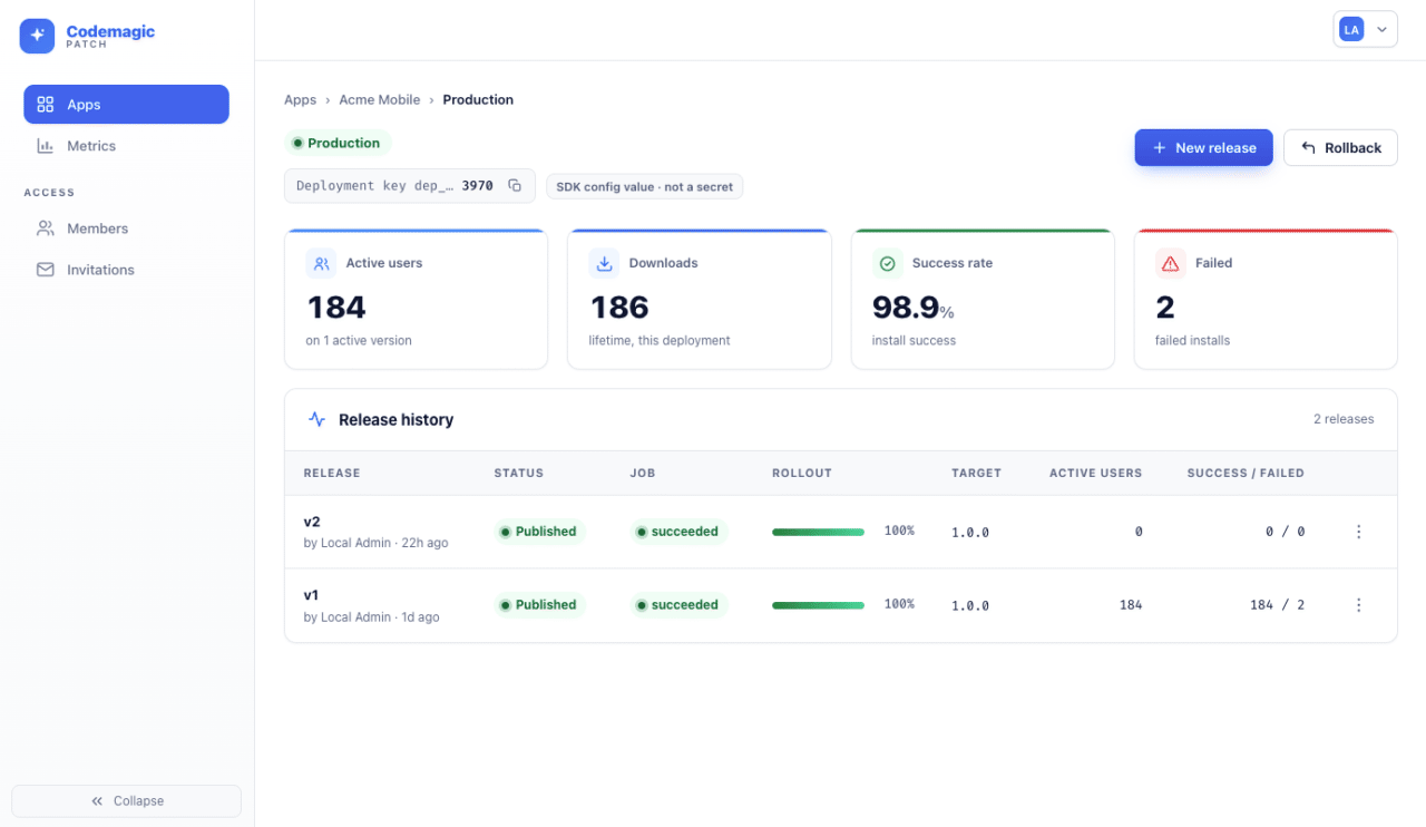 Codemagic Patch dashboard
