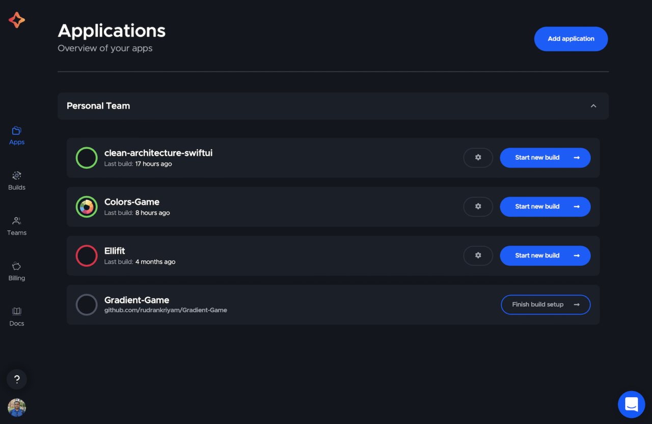 Codemagic onboarding: Application tab screen