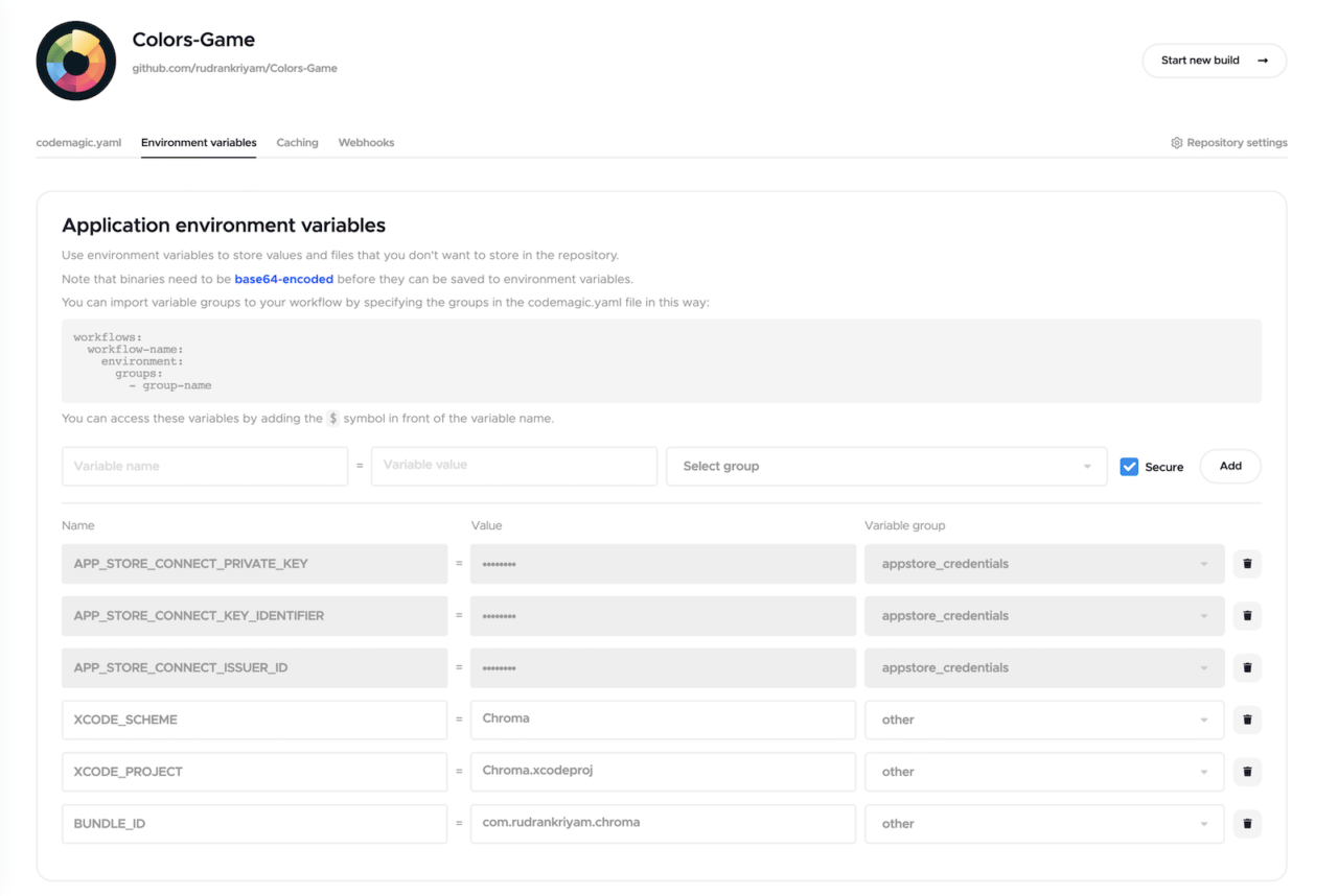 Codemagic workflow: Environment variables