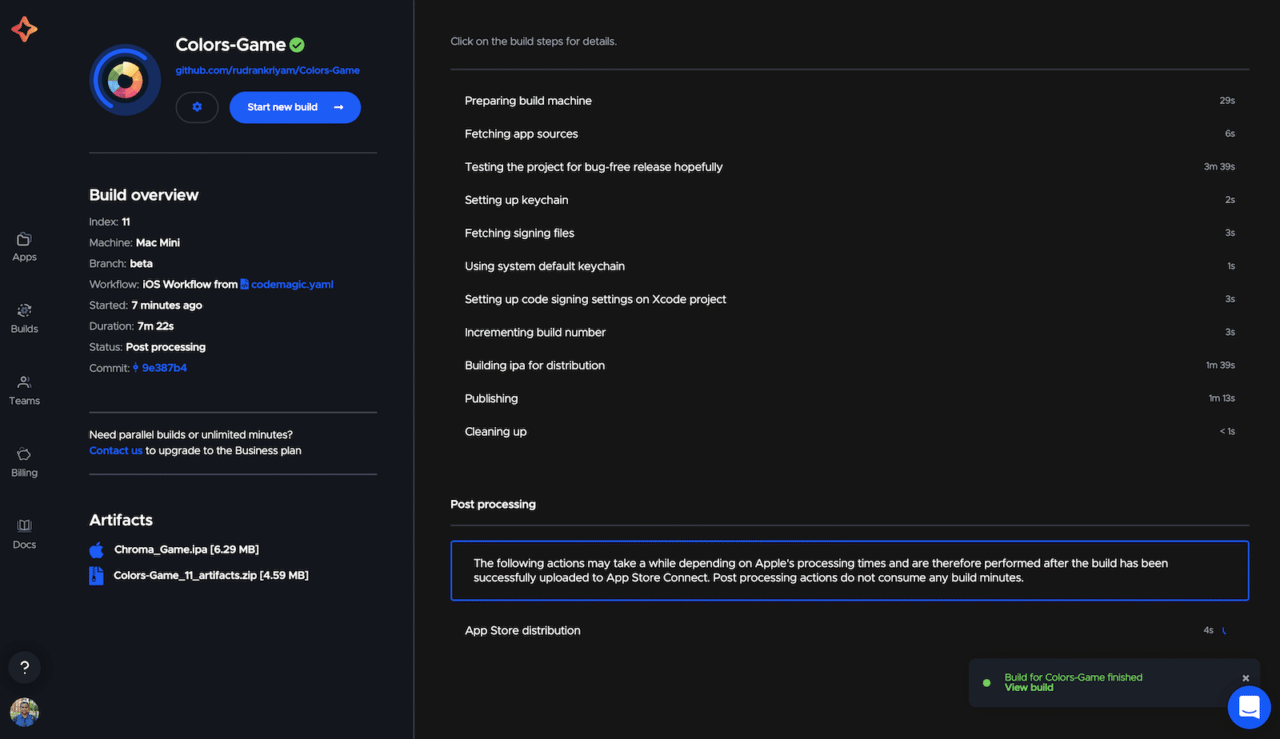 Codemagic running: Build in Progress