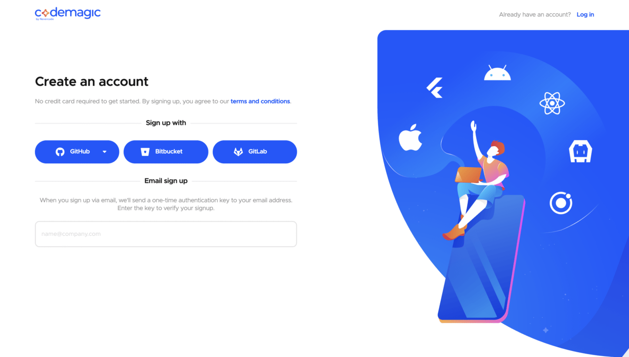 Codemagicのサインアップ：お好きなGitリポジトリを選択するか、メールでサインアップ