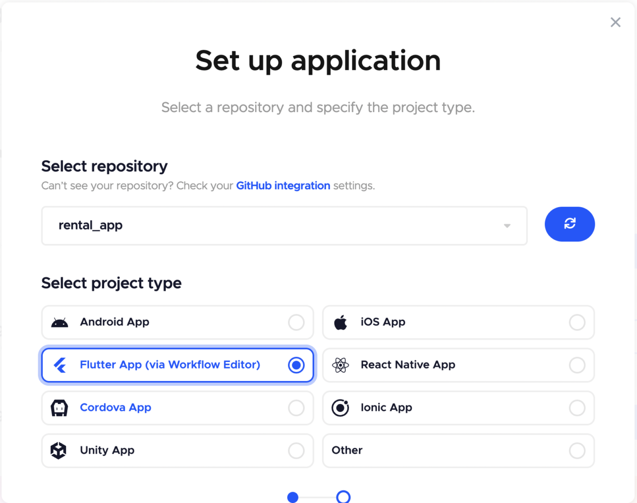 Select repository and project type