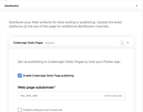 Codemagic distribution section setup