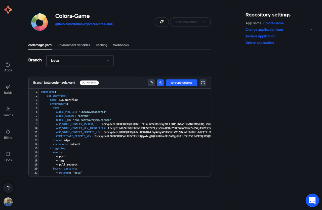 Codemagic workflow: YAML editor