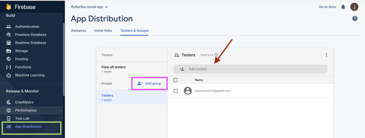 Firebase console where you add App Distribution testers