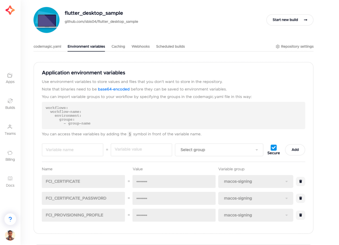 Codemagic YAML environment variables