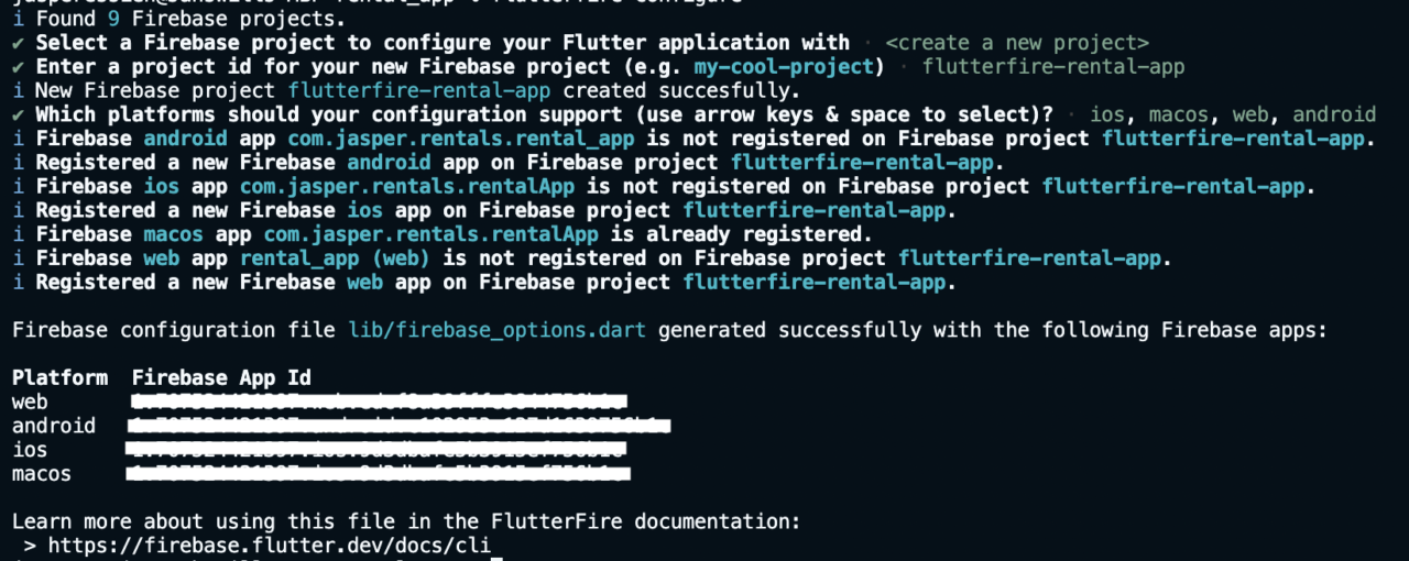 Image of a successful FlutterFire configuration