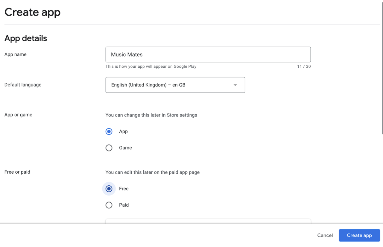 Create App in Google Play Console