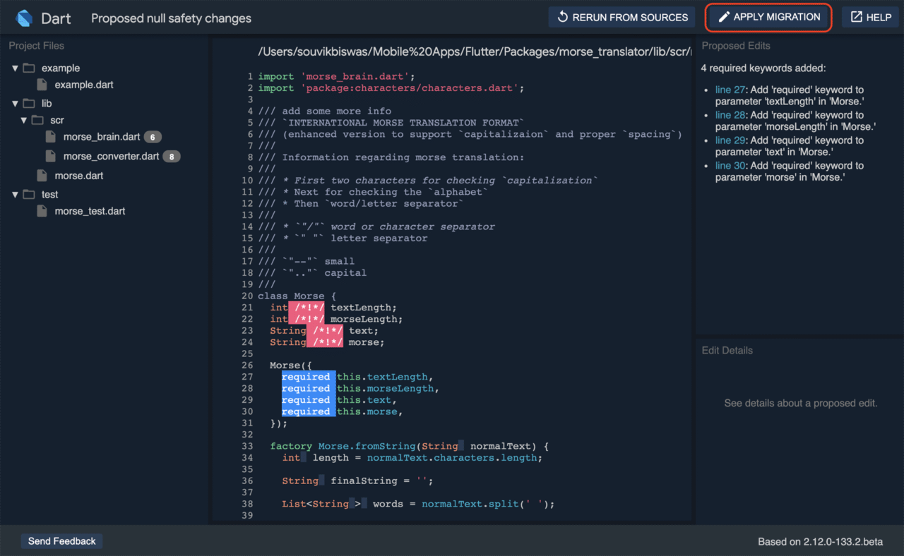 Dart null safety migration guide: Click “APPLY MIGRATION”