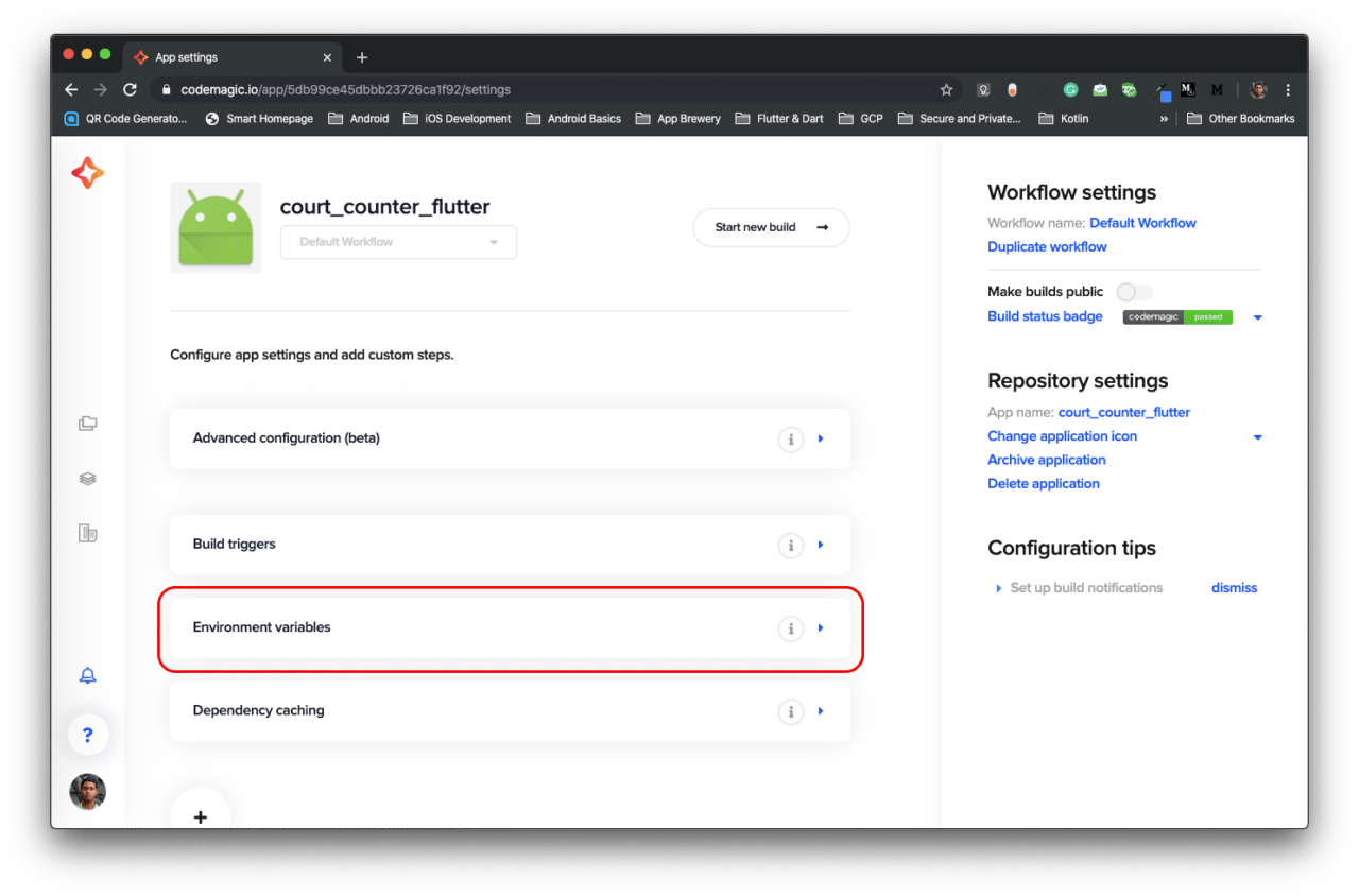 Environment variables tab