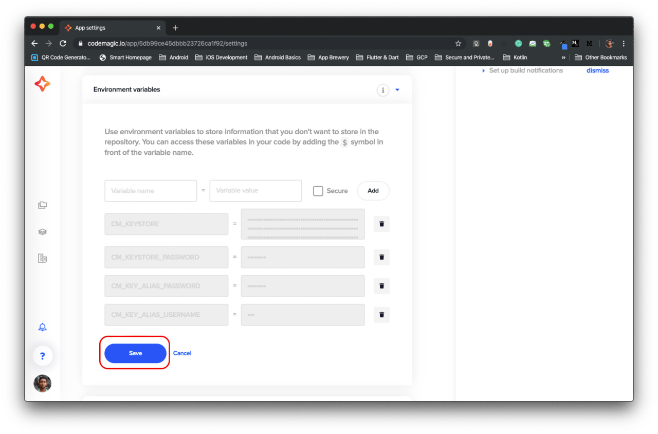 Environment variables tab