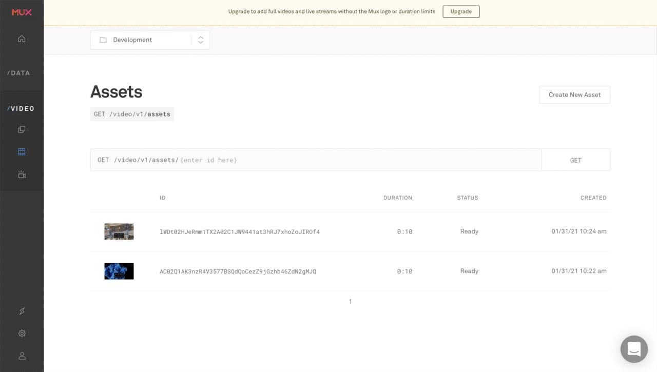 Assets section of Mux