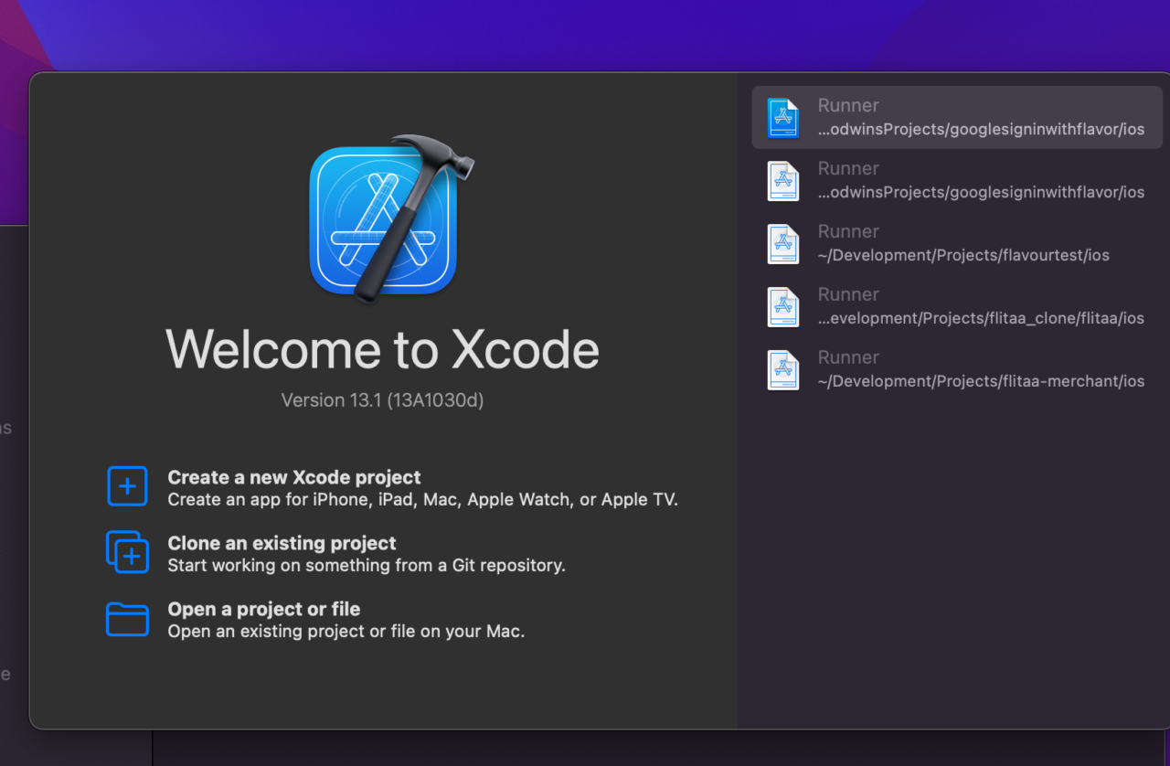 Xcodeを開いたときに表示されるもの