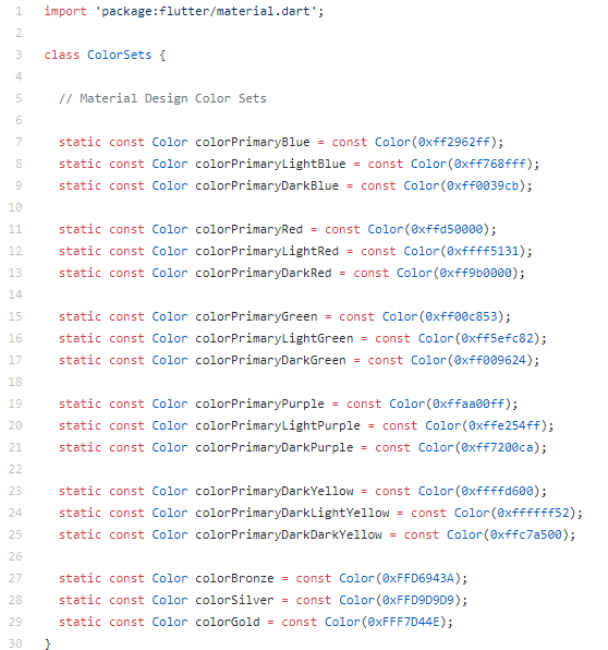 An AppColors.dart File With Some Material Color Sets Pre-Defined
