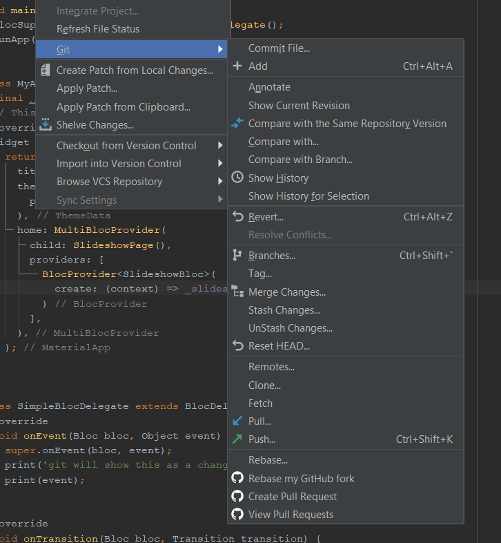 Git options in Android Studio