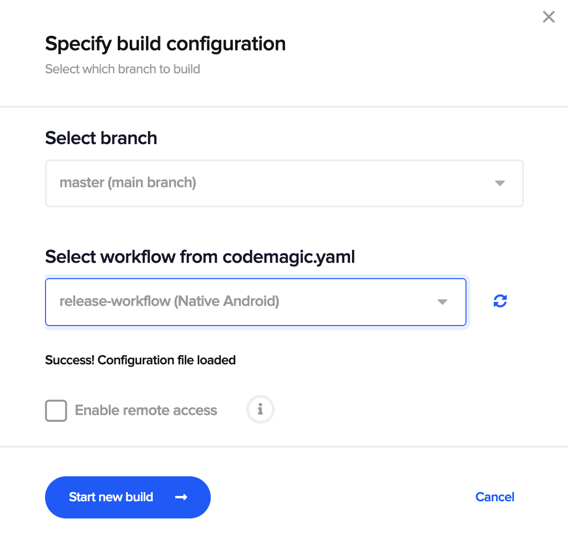 Select workflow for your first Android build with Codemagic CI/CD