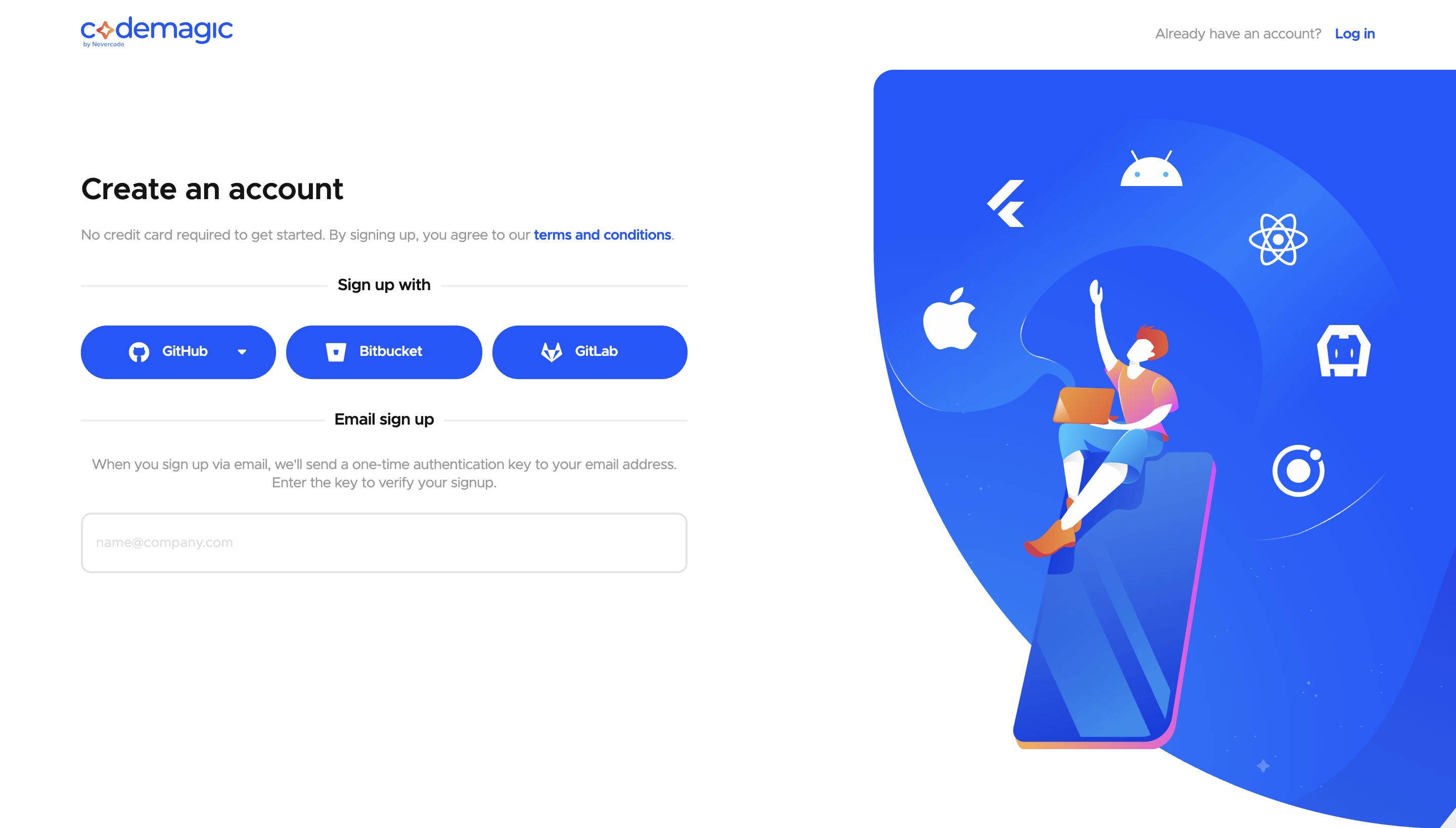 Codemagic sign up: choose your preferred Git repository or sign up via email