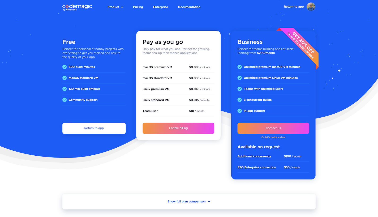 Codemagic pricing: 3 tiers of pricing