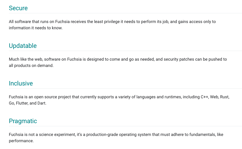 The four core architectural principles guiding Fuchsia