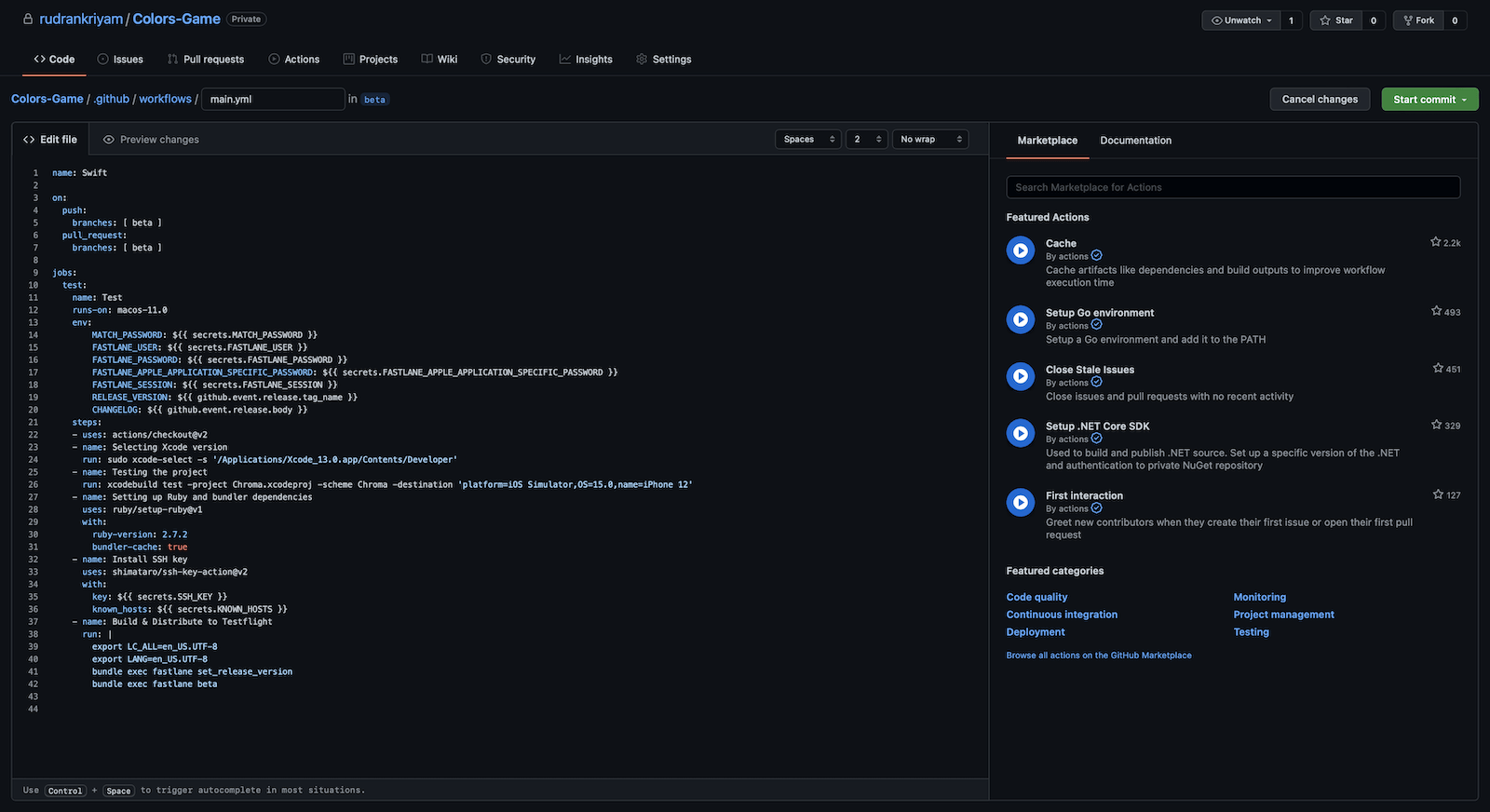 GitHub Actions workflow: YAML editor