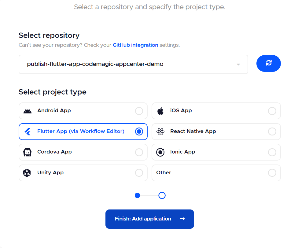 Select repository and project type