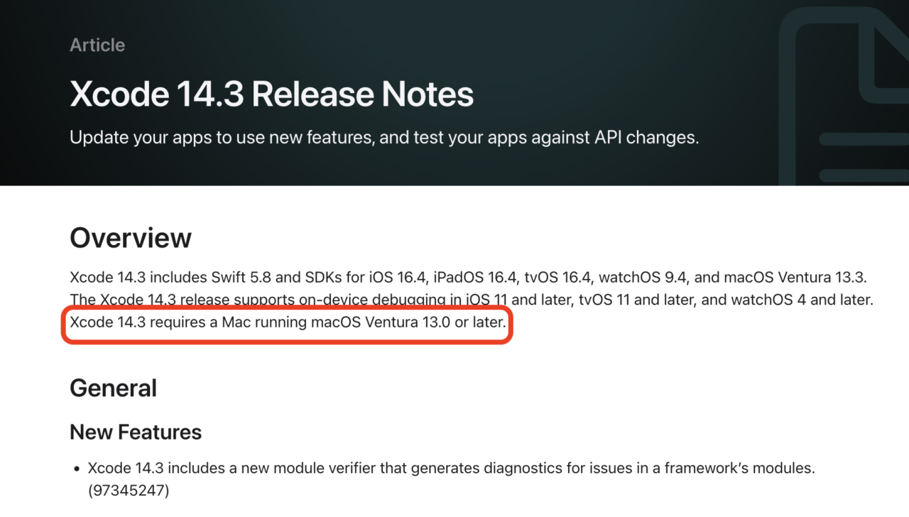 Xcode 14.3 release note highlighting that it requires macOS Ventura 13.0 or later.